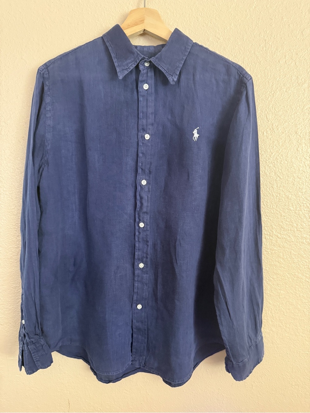 Ralph Lauren Navy Button-Down Linen Shirt with Pony Logo